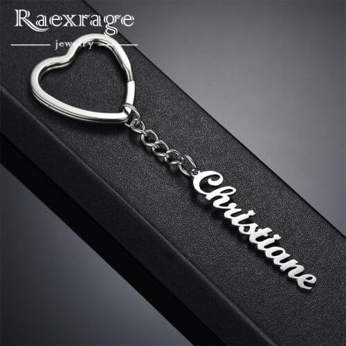 Raexrage Custom Heart Name Keychain Stainless Steel Round Nameplate Letters Key Chain Personalized Women Men Initial Gifts