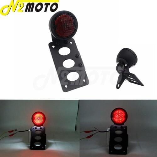 For Harley Bobber Chopper Cafe Racers Cruisers 12V LED Black Motorcycle Retro Grills Taillight w/ Mount License Plate Bracket