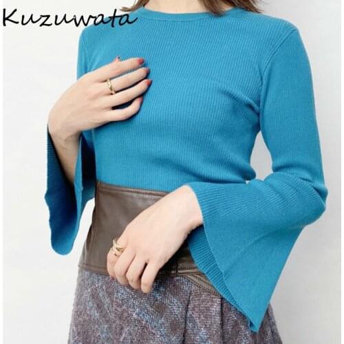 Elegant Slim All-match Fit Flare Sleeve Tops Autumn New Japan Style Pullovers Candy Color Knitted Sweaters Women