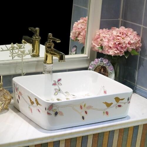 Jingdezhen factory directly art hand painted rectangular bird pattern ceramic wash basin bathroom sink