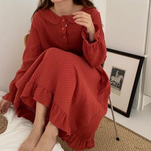 INS Style Students Nightgowns Loose Large Size Night Dress Polka Dot Print Sleepwear Nightshirt For Women Doll Collar Nightwear