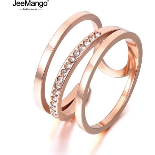 JeeMango Fashion Titanium Steel Rings Luxury Rose Gold Color Micro Pave AAA Cubic Zircon Wedding Ring For Women Girls JR17139