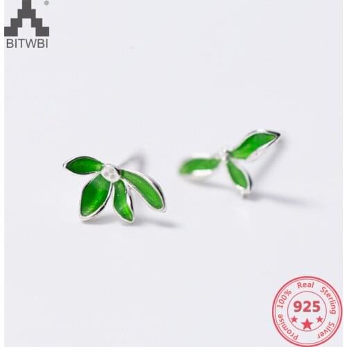 Korea New Design 925 Sterling Silver Simple Fashion Green Leaves Stud Earring Jewelry for Women