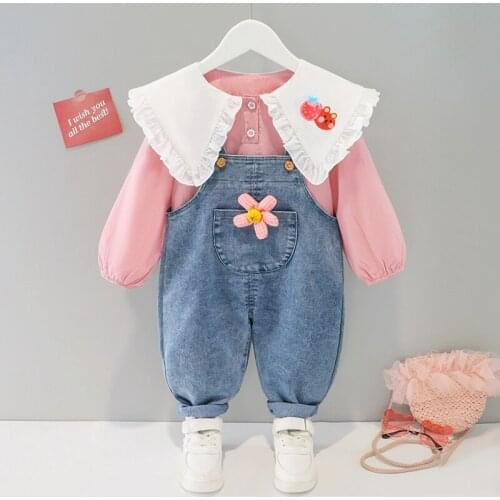 Sweet Girls Princess 2pcs Clothes Set Baby Kids Children Autumn Long Sleeve Tops T-shirt+Jeans Overalls Pants Suits S13012
