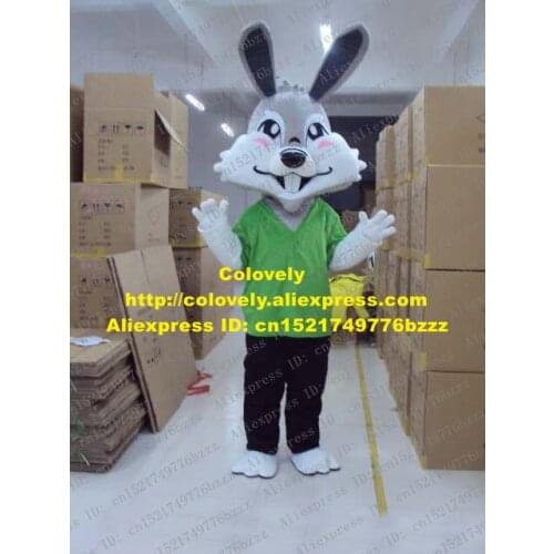 Fancy Grey Rabbit Bunny Mascot Costume Mascotte Lepus Jackrabbit Hare With Green Coat Black Pants Big Tooth No.1507 Free Ship