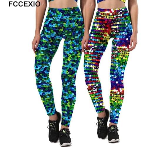 FCCEXIO Fashion Shiny Beads Print Leggings Women High Waist Leggings Seamless Puch Up Leggins Workout Legging New Fitness Pants