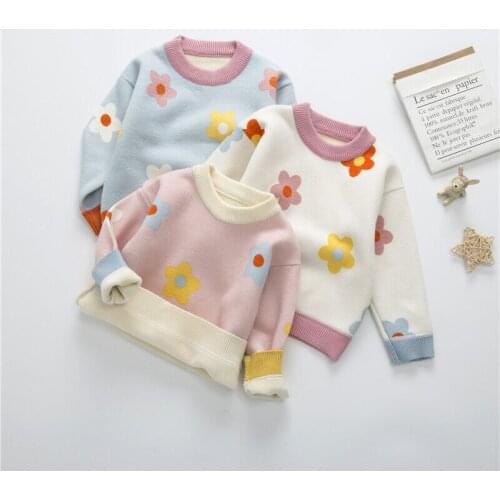 Autumn Winter Childrens knitted Bottom Sweater Plush Sweater Girl Baby Baby Daisy Thickened Pullover