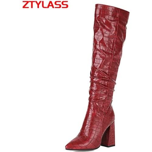 Autumn Fashion Pleated Knee High Boots Pu Leather High Heel Women Boots Pointed Toe Girls Boots Square Winter Shoes