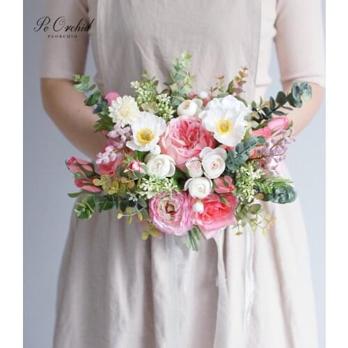 PEORCHID Bridal Pink Bouquet Mariage Rose Brides Bouquet flower Wedding Decoration Artificial Peony Bouquet Supplies
