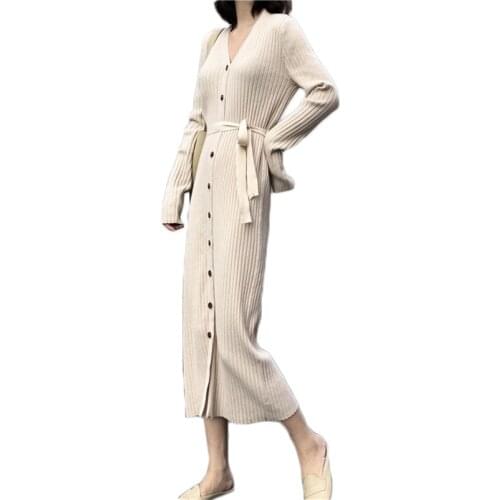 Casual Mid-long Knitted Dress Women Spring and Autumn Slim Wild V-neck Split Mid-long Single-breasted Sweater Dress NS2634