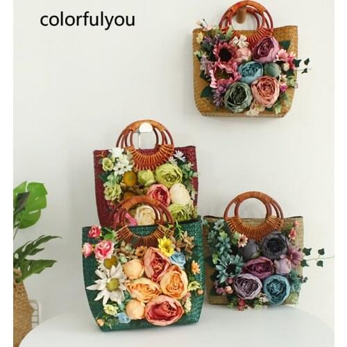 Handmade Bamboo and Rattan Weaving Handbag Vintage Women Ring Handle ToteS Larger Capacity Flowers Woven Bags 2021 NEW Beach Bag