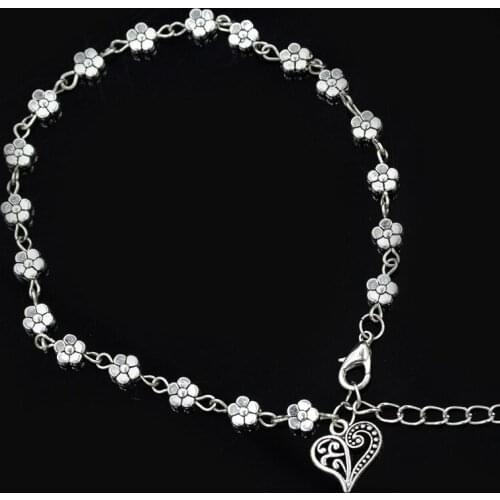 Full Small Plum blossom Flowers Hollow Heart Pendant Silver Plated Metallic Bracelets for Women Around 25 cm long