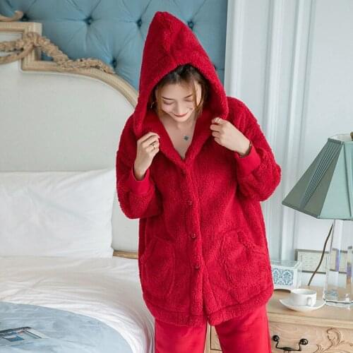 Christmas sweet red Winter pajamas women Korea fashion flannel warm hooded women sleepwear long sleeve quality pyjamas women