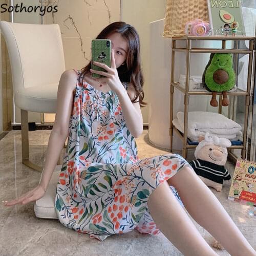 Nightgowns Women Loose Casual Trendy Spaghetti-strap Sleeveless Printed Sleep-shirts Sweet Female Breathable Comfortable Thin