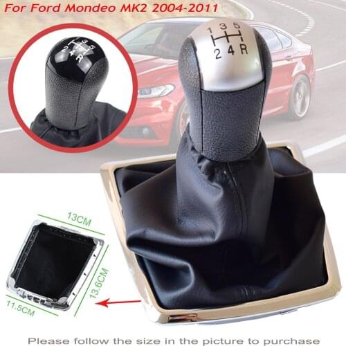 Manual 5 Speed Gear Stick Shift Knob Lever With Leather Gaiter Boot Fit For Ford Mondeo MK2 2004-2011 Mustang Black/Silver Panel