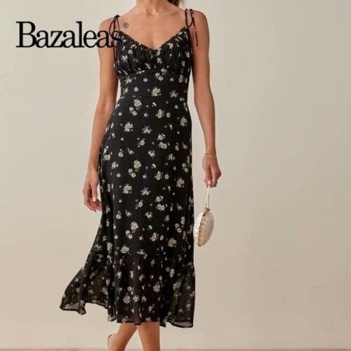Bazaleas Chic White Floral Print Black Dress Retro Ruched Dresses Vintage Spaghetti Straps Midi Vestidos