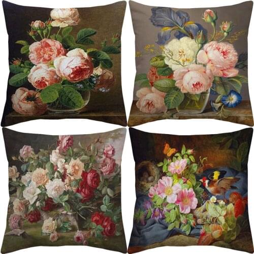 Vintage European Flower Cushion Cover Bird Oil Painting Linen Throw Pillow Cover 45X45cm Decorative Cushion Covers