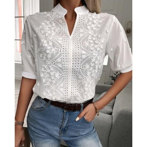 2021 Elegant Femme Half Sleeve Turn Down Collar Blouse Summer Floral Pattern Eyelet Embroidery Top Lady Outfits Tunic