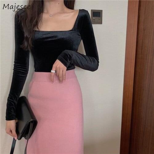 Long Sleeve T-shirts Womens Square Collar Long Sleeve Elegant Lady French Style Slim Solid Chic Ins Autumn Leisure Korean Trendy