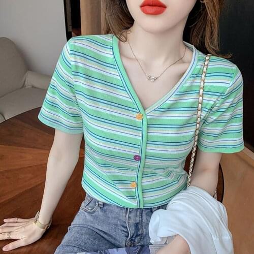 2021 Summer new rainbow stripe Short sleeve T Shirt Women Short High waist Summer New Tshirt Korean V Neck Female Tops y2k top