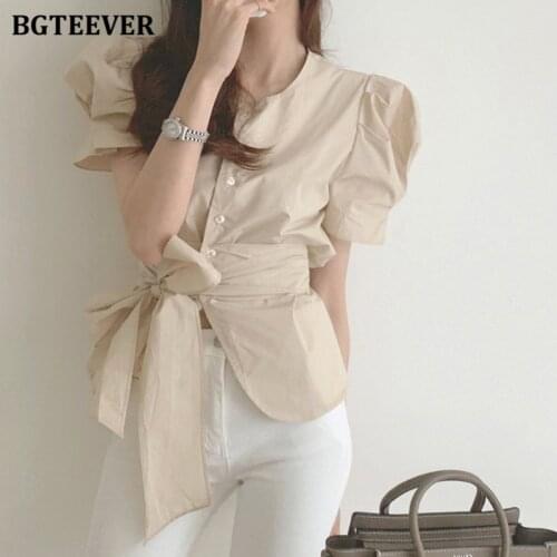 BGTEEVER Chic O-neck Puff Short Sleeve Women Solid Blouses 2021 Summer Single-breasted Lace-up Slim Female Shirts Ladies Tops