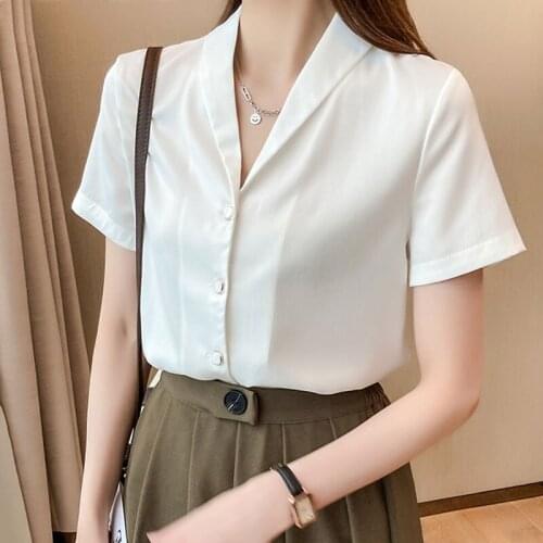 Vetement Femme 2021 Summer New V-neck Short Sleeve Shirt Elegant and Simple Satin Top Dropshipping Blusas Shirts Chiffon 0669