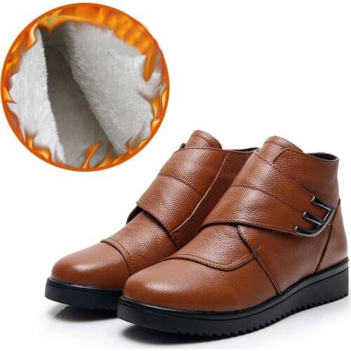 Autumn Winter Genuine Leather Ankle Boots Women Nice Flat Low Heel Hook Loop Round Toe Buckle Warm Leather Ladies Boots