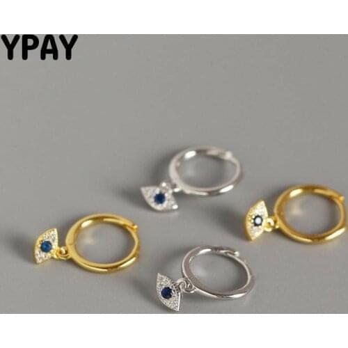YPAY 100% Pure 925 Sterling Silver Hoop Earrings for Women Europe Trendy Mini Zircon Blue Eye Pendant Small Earring Gift YME512