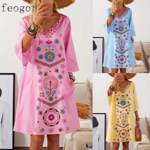 HAOOHU Casual Mini Dresses Summer 2021 Fashion Womens Clothing Spring 3/4 Short Sleeve Digital Printing Pocket Loose Dress