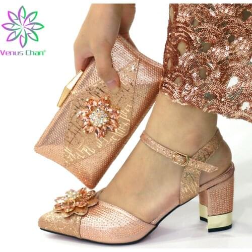 Winter Mature Style African Women Shoes and Bag to Match in Champagne Color Super High Heels Sandal for Christmas