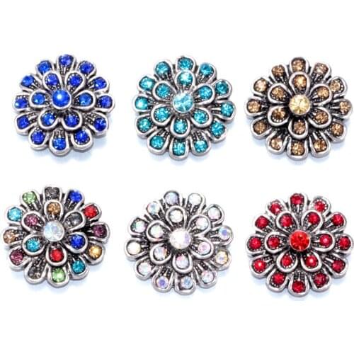 2017 6pcs/lot Flower Pattern Multi Color Rhinestone Charm Buttons 18mm Snap Button Jewelry Fit Snap Jewelry KZ0187