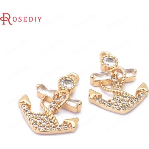 38862)6PCS 24K Champagne Gold Color Brass and Zircon Anchor Charms Pendants Jewelry Making Supplies Diy Findings Accessories