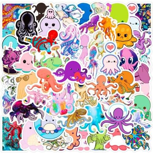 50Pcs/Pack Cute Cartoon Octopus Stickers Kids Toy Waterproof PVC Octopus Stickers Stationery Decals for Laptop Luggage Bicycle