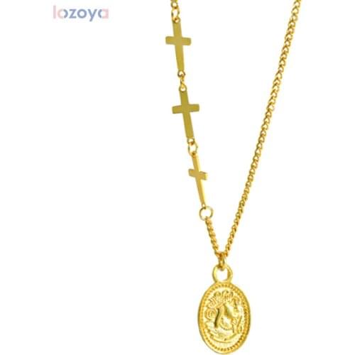 LOZOYA 925 Sterling Silver Gold Ovals Cross Chain Necklace Women Fashion Fine Jewelry Image Women Coins Jewels For Women
