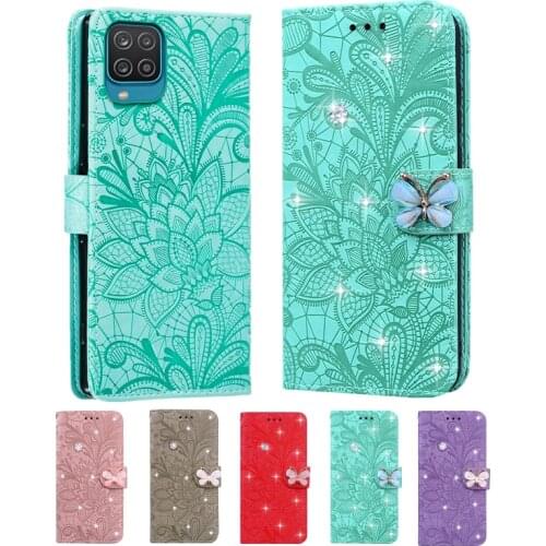 Cover For Samsung Galaxy A12 SM-A125F M12 SM-M127F Diamond Lace Leather Case For Samsung a12 m12 Flip Card Wallet Phone Case