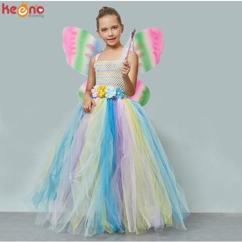 Children Clothes Pastel Fairy Girls Tutu Dress Wings Costume Set Kids Rainbow Princess Dresses Birthday Party Fairy Ball Gown