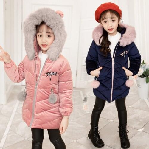 Girls Winter Coat Fur Hooded Childrens Velvet Warm Parka Coat with Ball Toddler Kids Cotton Jacket Clothes for Girls 3 12 Years