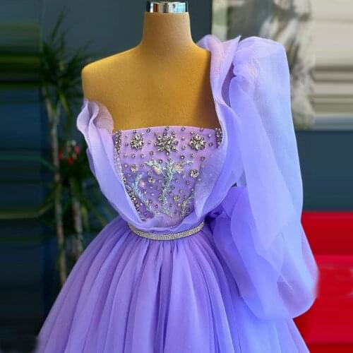 Lavander Long Evening Dresses One Shoulder Long Sleeves Crystals Beaded Ruffles Ball Gown Prom Party Gowns