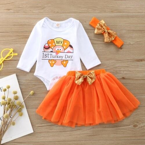 3PCS Baby Girl Set Toddler Thanksgiving Suit Infant Girl Turkey Thanksgiving Day Romper Tops+Skirt+Headband Sets pour enfants