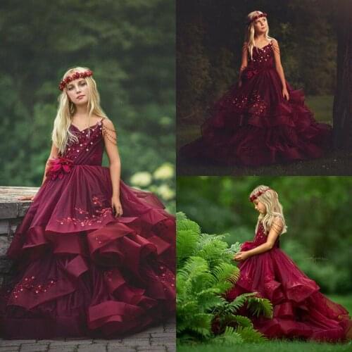 Lace Burgundy Flower Girl Dresses Tiered Skirts Tulle Appliqued A Line Little Girls Pageant Dress Beading First Communion Gowns