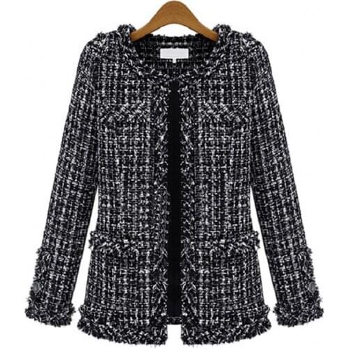 Popular autumn and winter black and white plaid tweed large womens coat jacket