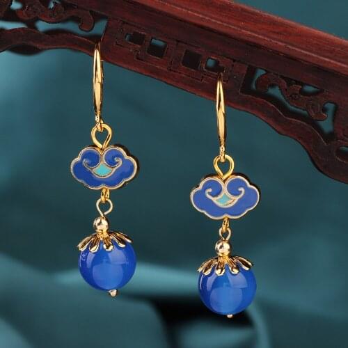 Summer Ethnic Blue long natural stone Drop earrings Vintage cloisonne agate Earrings Chinese style Jewelry for women