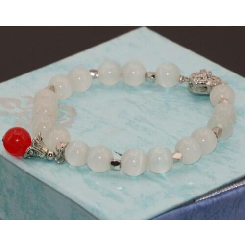 Hot Selling 8mm Silver-color Spacers White Cat Eyes Round Beads Diy Beaded Bracelets Unique Design Gifts Jewelry 7.5inch B2717