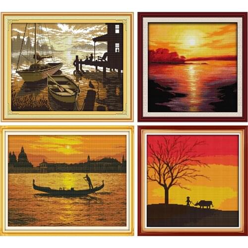 11ct Cross Stitch Kit Natural Sunset Secenry Painting Joy Sunday 14ct Needlework Ecological Cotton Embroidery Set for House Wall