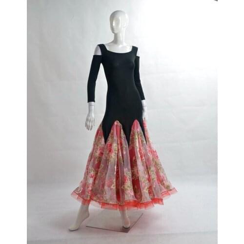 National standard dance dress strapless long sleeves double big swing modern dance dress black dance dresses