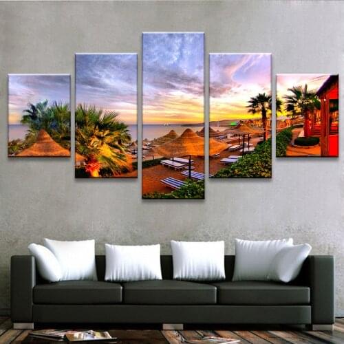 Living Room Wall Decor Art 5 Pieces Palm Trees Beach Resort Sunrise Seascape Paintings Poster Pictures Canvas Printed(No Frame)