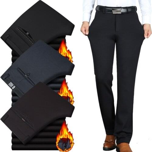 New Winter Thick Fleece Business Casual Mens Trousers Solid elastic Men Suit Pants High waist straight leisure male Pants