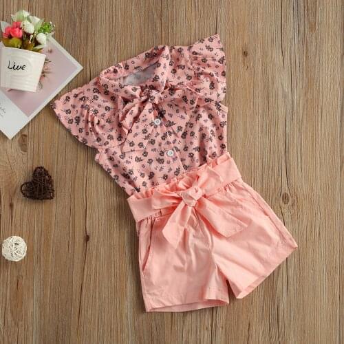 Girls Clothes 2 Pieces Clothes Set Kids Summer Sleeveless Floral Printed Ruffle Tops High Waist Shorts Outfit for Baby
