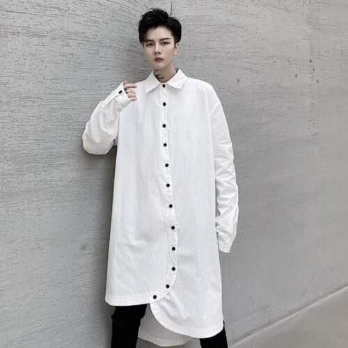 Autumn men asymmetric design white long shirt hip hop oversized shirts womens harajuku casual punk blouse camisa masculina