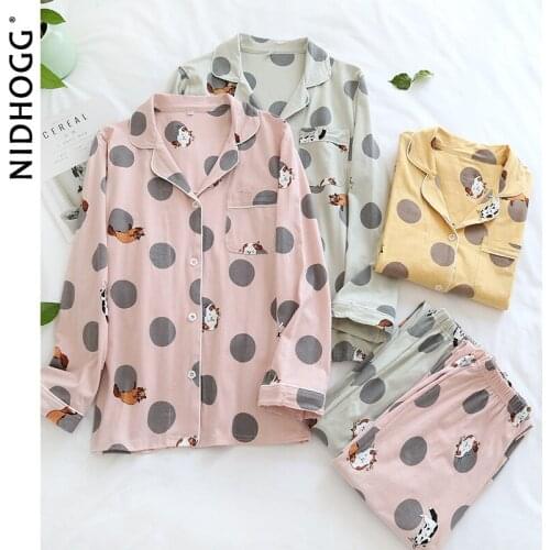 Autumn Thickened Long-sleeved Pajamas for Women Cotton Cartoon Lovely Printing Pijamas 2 Piece Set Lounge Wear Knitted Sleepwear